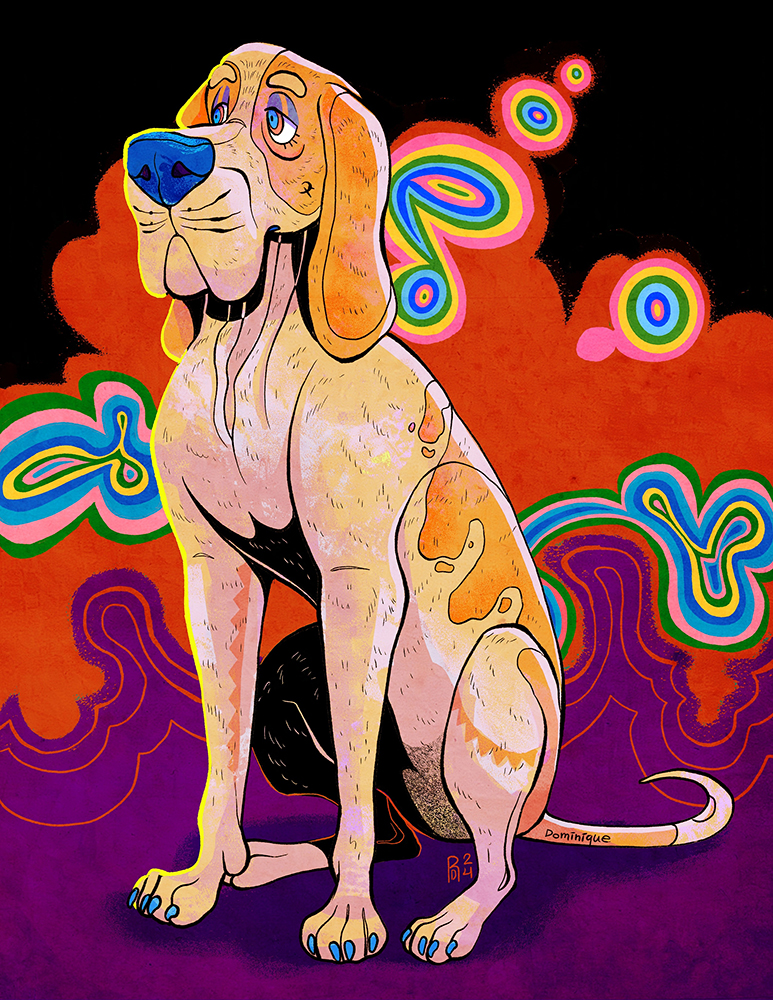 illustration of a beige and brown spotted dog with floppy ears. The background is psychedelic, with black, red, and purple coloring.