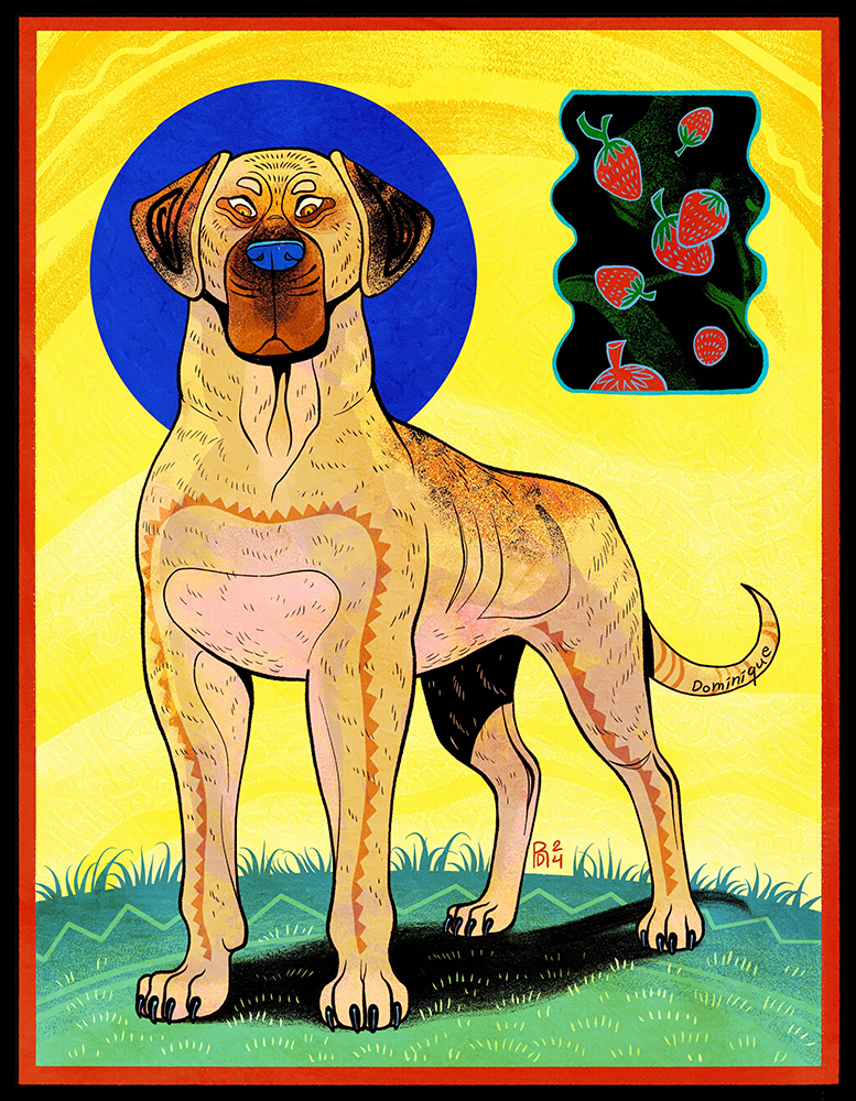 Illustration of a brown dog with black floppy ears standing on a yellow background. A motif with strawberries is next to the dog.