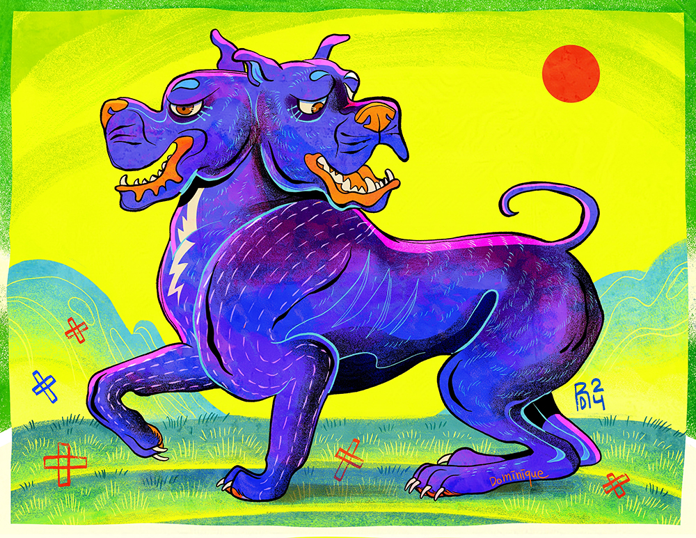 Illustration of a two-headed purple mastiff dog with short ears. Its body is buff, and it sands in a green field under a red sun.