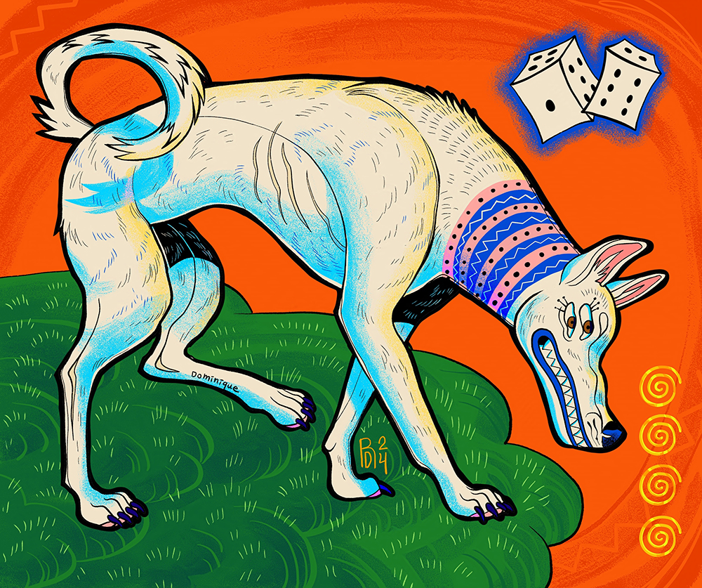 Illustration of. white dog with pointy ears on a patch of grass. White dice float above its head.