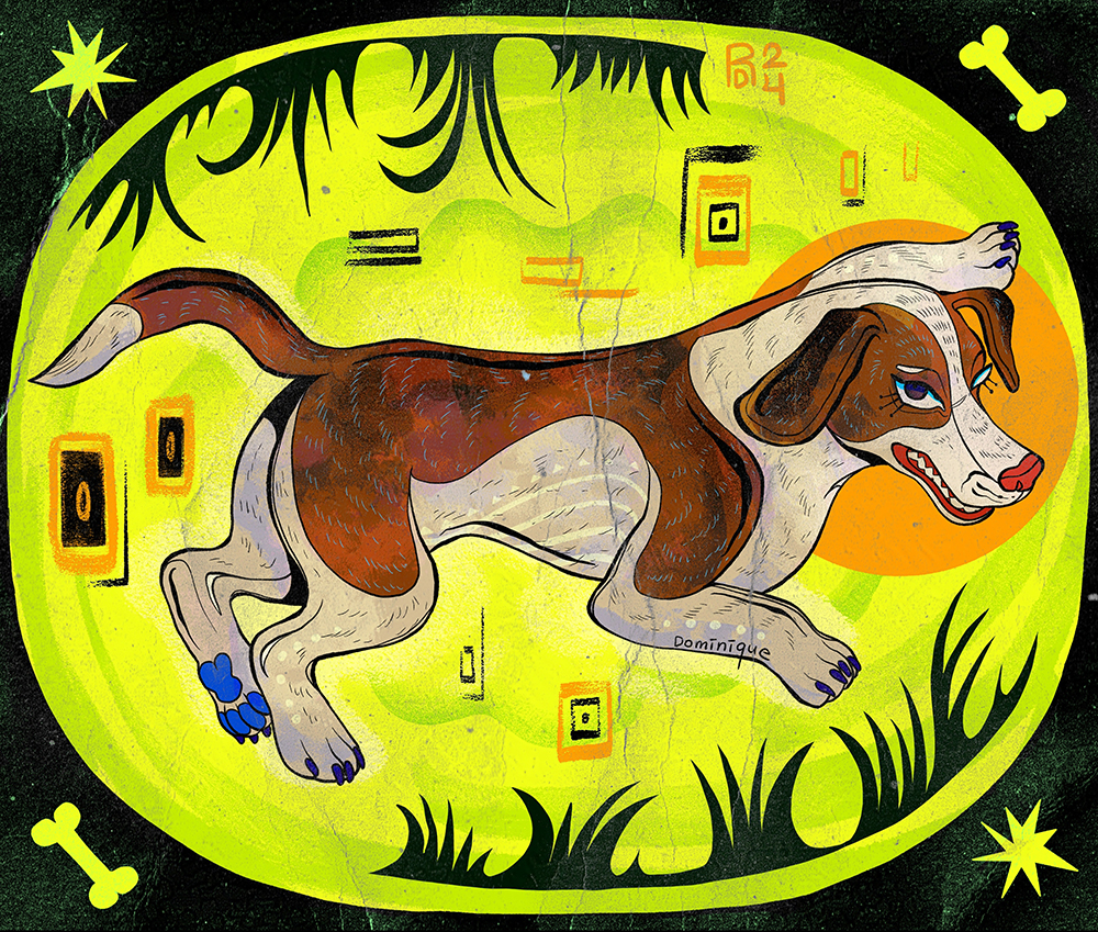 illustration of a brown and white dog inside of a green and black vignette.