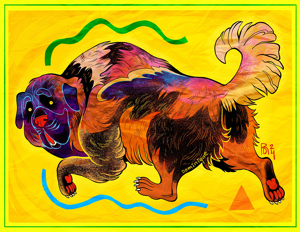 Illustration of a brown and black dog that looks like a bear. It is on a yellow background.