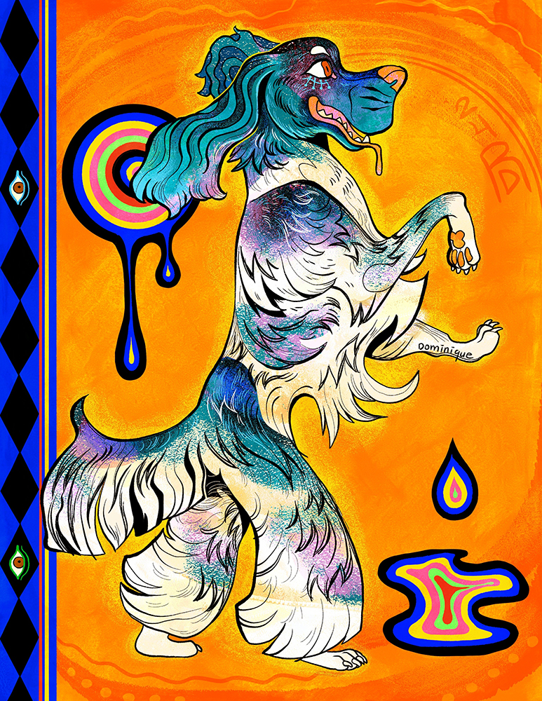 Illustration of a white dog with blue patches and long fur. it stands on its hind legs, with a psychedelic background behind it.