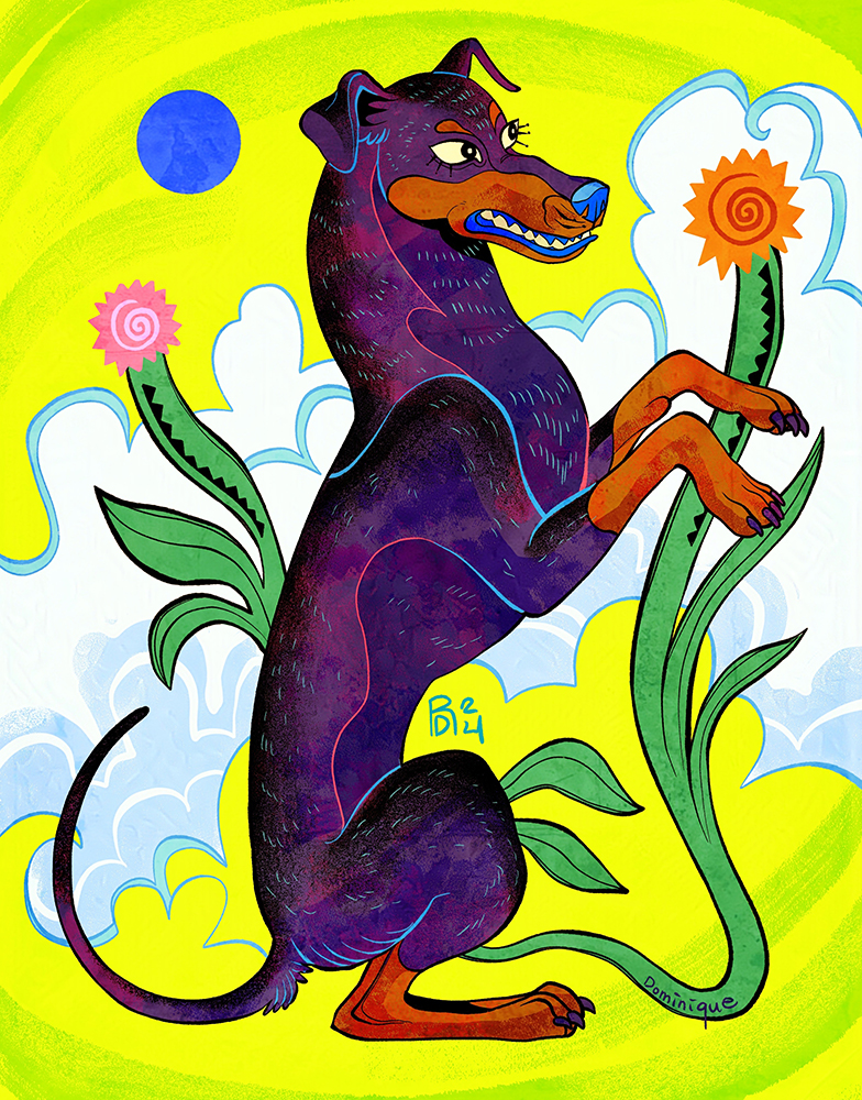 A black and brown dog with floppy ears sitting on a green background. There are white clouds and two flowers behind it.