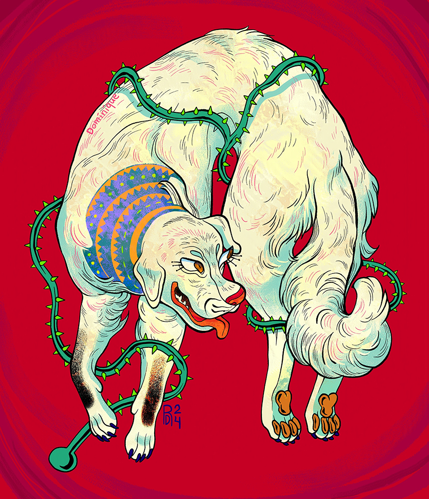 Illustration of a white dog on a red background. The dog has vines artistically wrapped around it.