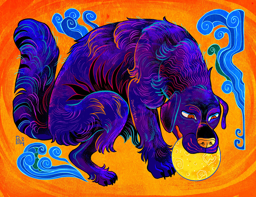 Illustration of a blue dog chewing on a yellow ball designed as the moon. Water ripples surround the dog.