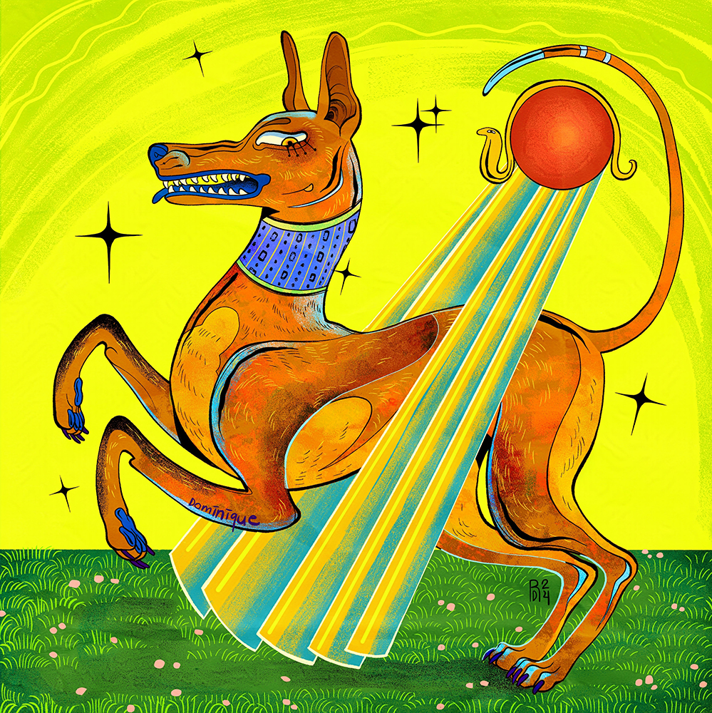 illustration of a skinny brown dog with pointed ears running through a beam of light.