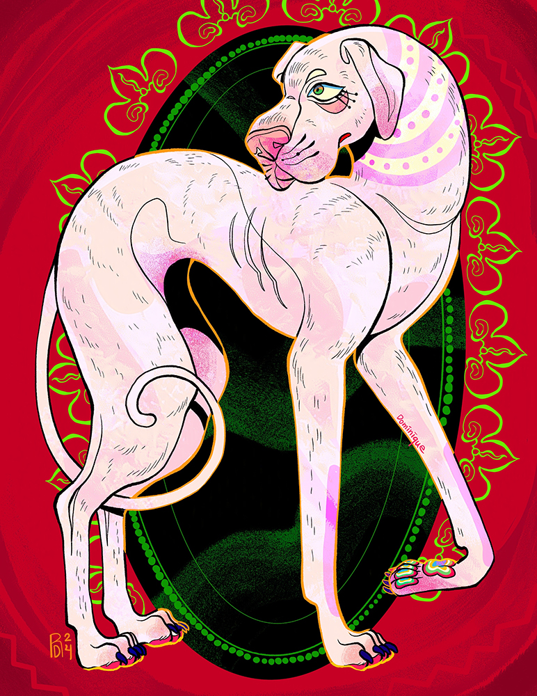 A white-pink dog standing on a red background, with a black and green oval behind it.