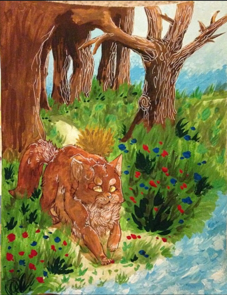 A watercolor painting of a brown fluffy cat walking through large trees and green brush, to a shallow river.