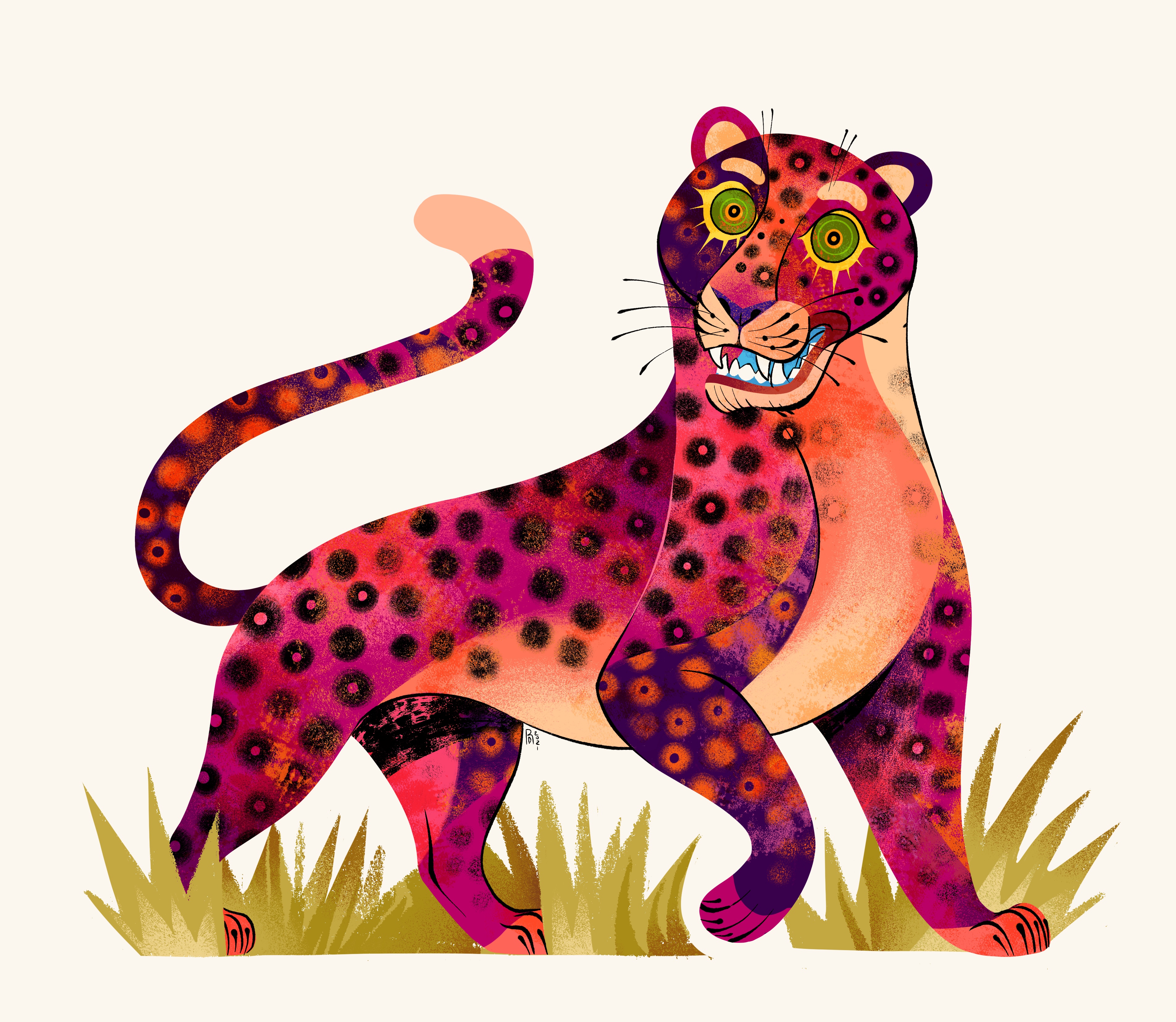 Pink leopard – big cat in the grass illustration