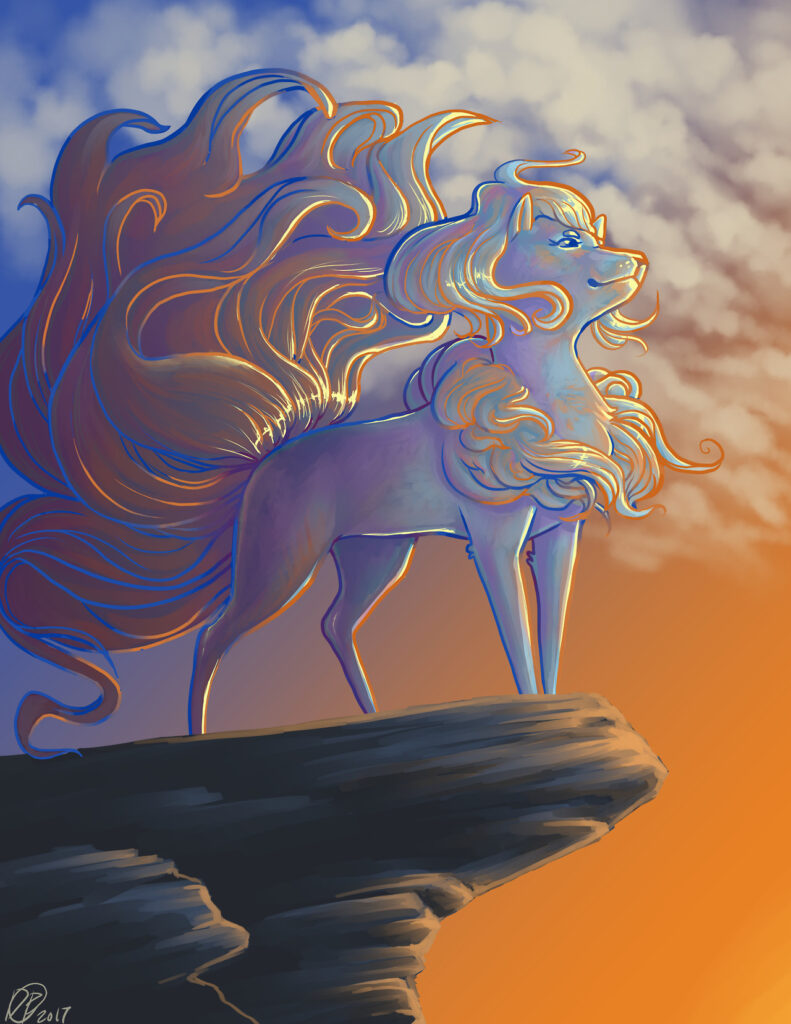 A digital drawing of a white fox standing at the edge of a rock while watching the sunset. The sunset is blue and orange.