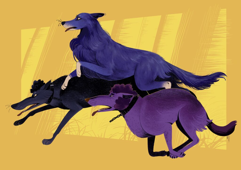 Illustration of three wolf-dogs running through the forest with chained collars around their necks. The dogs are blue and purple in color, while the forest is yellow in color.