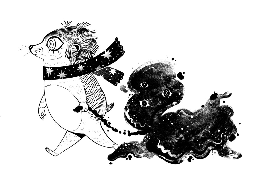 Black and white illustration of a hedgehog wearing a scarf, and taking a dark cloud for a stroll. The dark cloud walks on all fours and has three eyes.