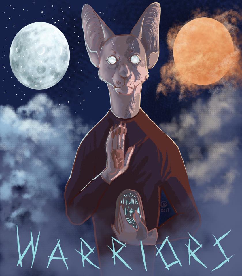 A digital drawing of a pink bipedal sphinx cat wearing a maroon long sleeve shirt. The cat holds a clay tablet in his left hand, with the inscribed language on it glowing a teal light. The sphinx cat's body is surrounded by clouds in the night sky, with a full moon to his right, and the burning sun to his left. The text below him reads "WARRIORS".