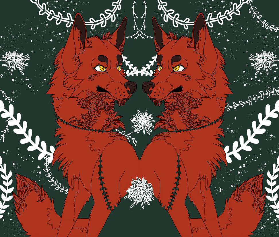 “Close ties” – drawing of two red wolves with chrysanthemums