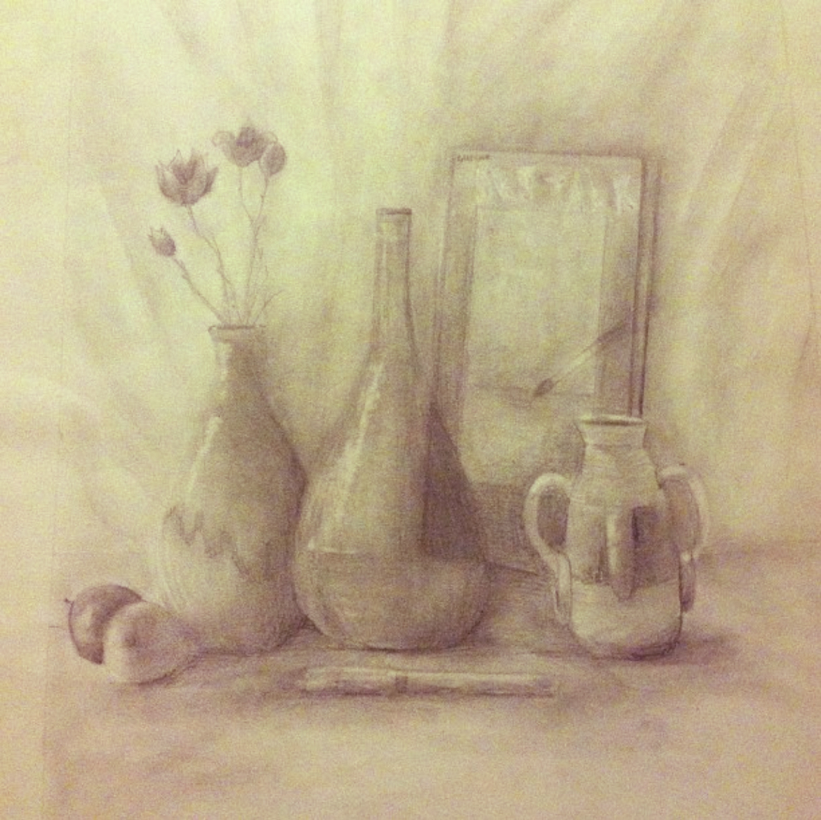 A graphite drawing of a still life, consisting of three vases, a paint brush, 2 plastic fruits, and an art textbook.