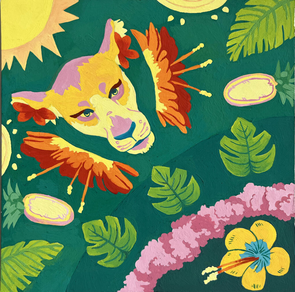 A gouache painting of a yellow and pink lioness head surrounded by tropical elements. There are two suns, two palm leaves, three fern leaves, one pink lei garland, two pineapples, and three Hibiscus flowers.