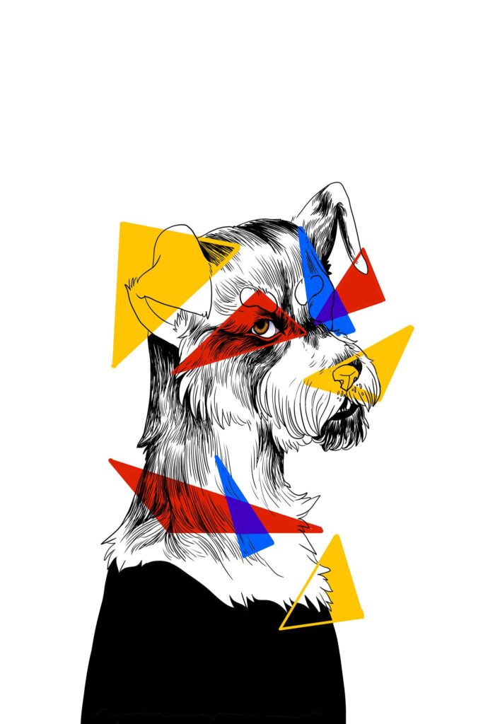 Black and white illustration of a dog with colorful triangles over it's body. The triangles are red, blue, and yellow in color.