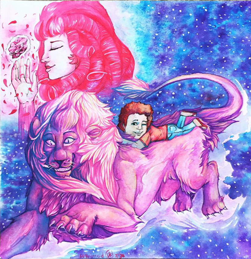 Steven Universe – young boy riding a pink lion watercolor painting