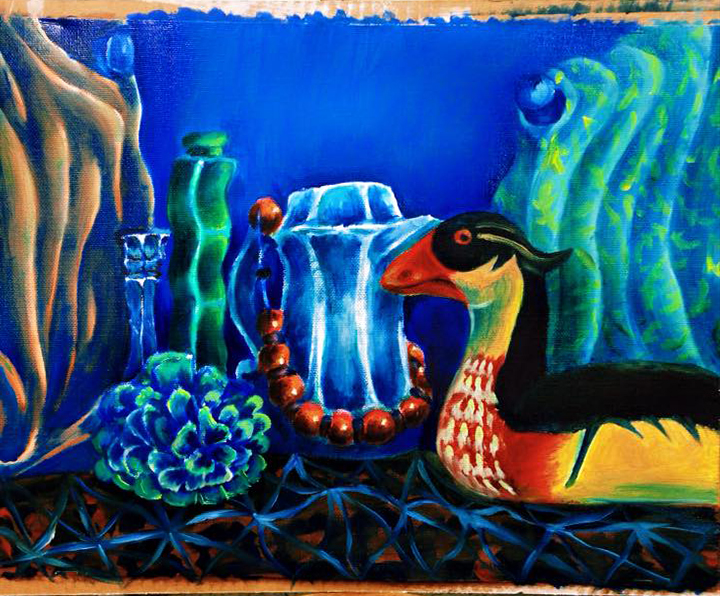 Wooden duck with glass vases – still life oil painting