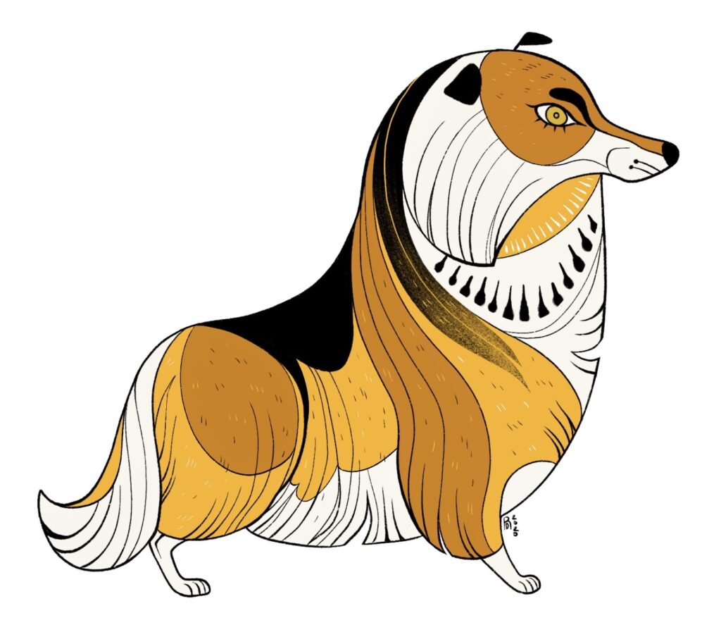 Digital drawing of a yellow and brown rough collie with long fur and black accents.