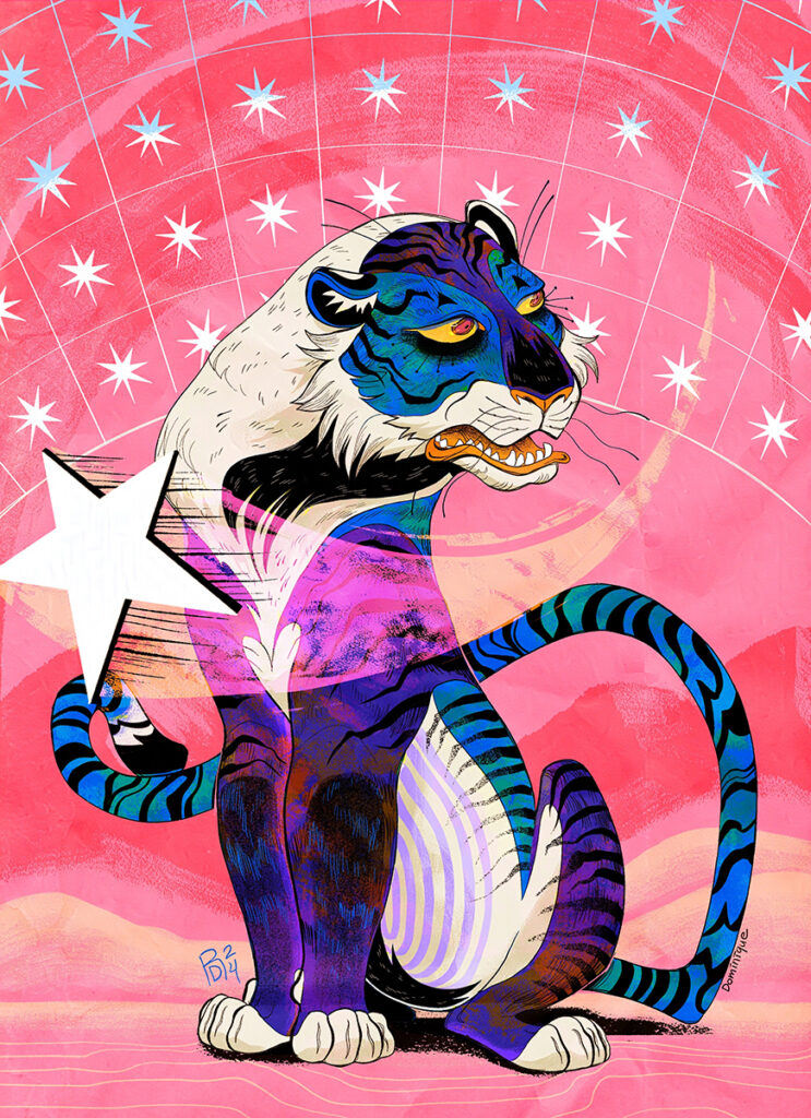 Illustration of a blue, white, and purple tiger sitting in a pink terrain. Many white stars sparkle in the pink sky, but one star comes down from the heavens and shoots past the tiger.