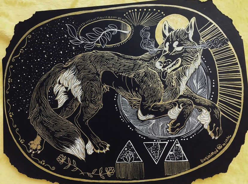 Black and gold coyote – traditional drawing