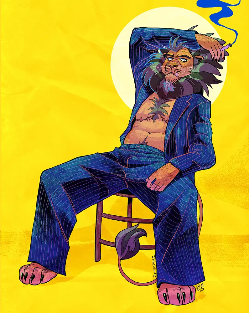 Cassius – lion man sitting in a chair illustration