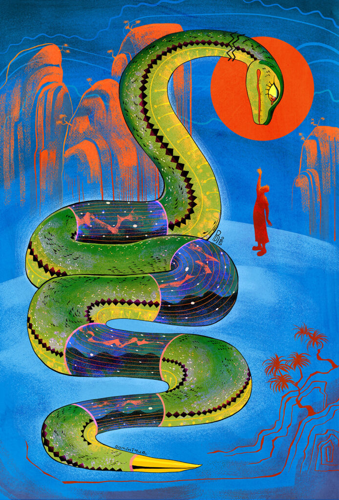 Illustration of a large green snake in a field of blue looking down at an ambiguous person. The man stretches his arm out to reach the snake.