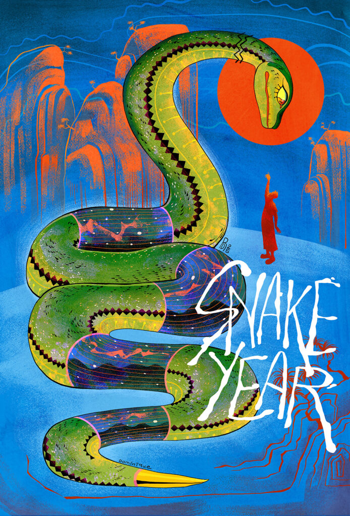 Illustration of a large green snake in a field of blue looking down at an ambiguous person. The man stretches his arm out to reach the snake. There is hand written font in the bottom right corner that reads "SNAKE YEAR".