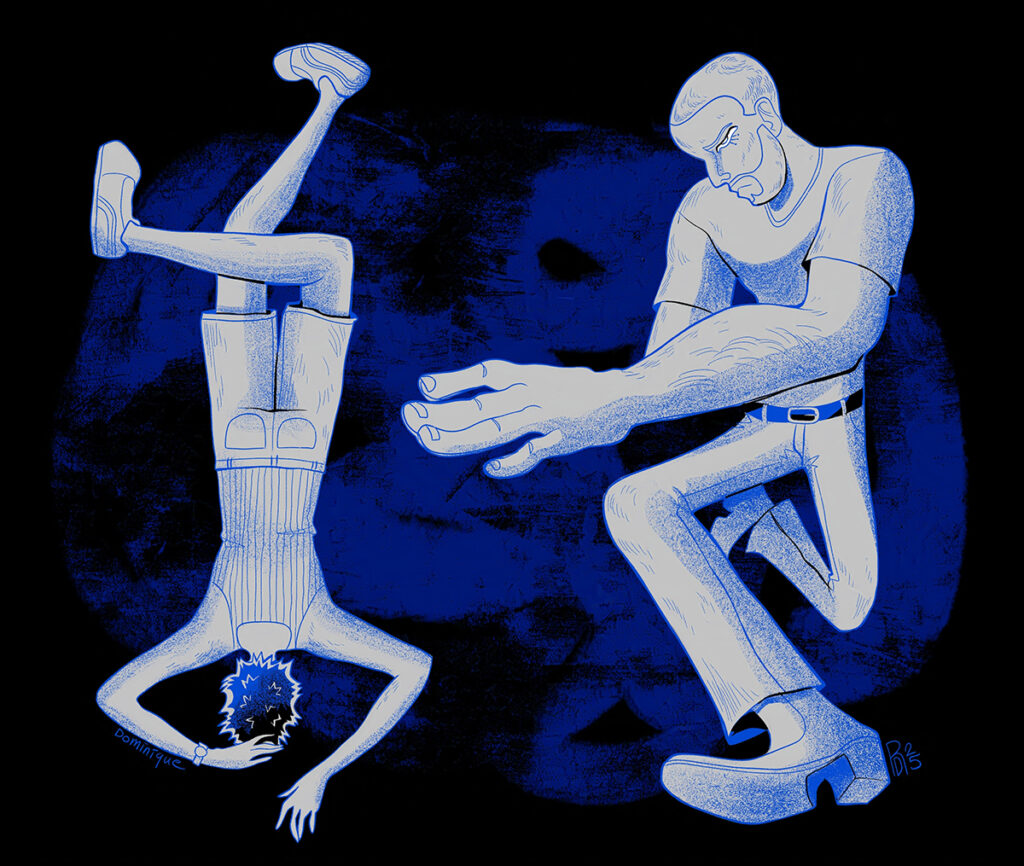 Two people next to each other on a black background. A man on the right does a dynamic pose and runs towards the viewer. The woman on the left is laying upside down on her stomach with her legs crossed.