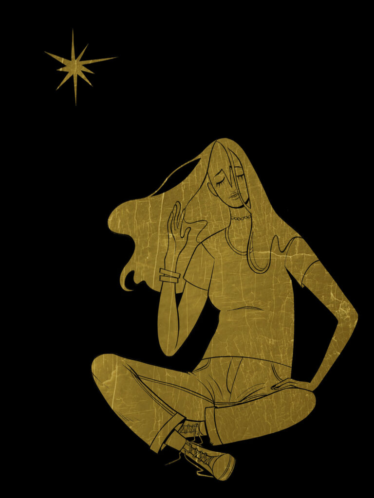 A digital drawing of woman with long hair sitting on the ground with her legs crossed. A single star shines above her head.