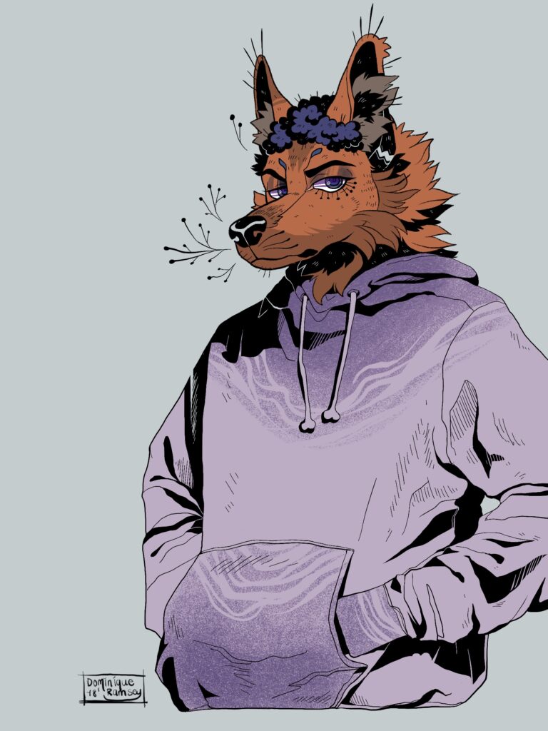 Digital drawing of a bipedal brown German Shepherd wearing a lilac colored hoodie.