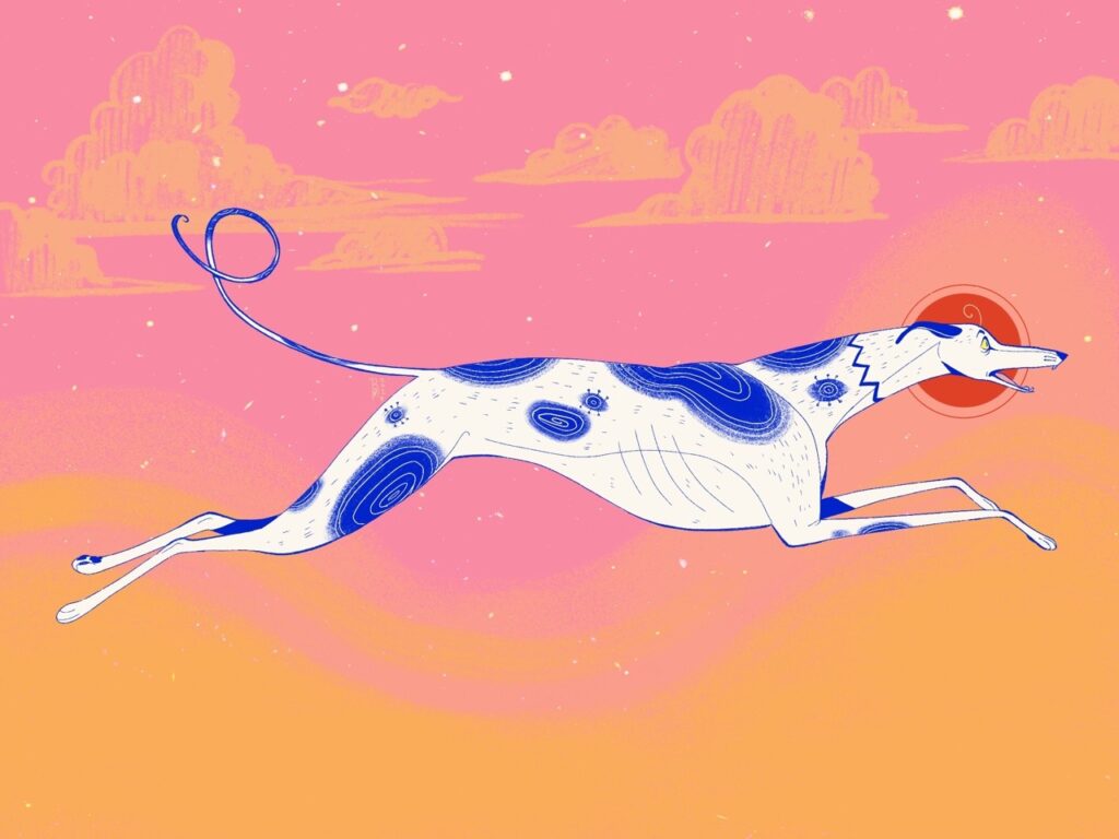 Illustration of a blue and white sight hound running through a pink and orange sky.