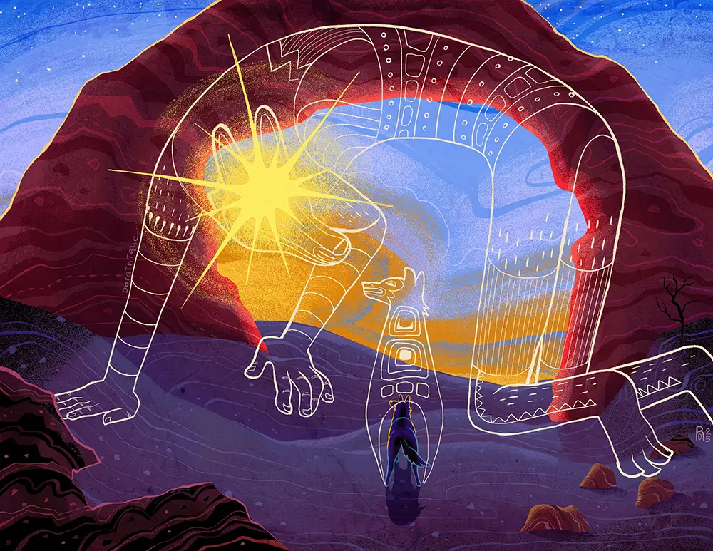 Illustration of a coyote standing in front of a rock formation in the desert. The sun is peaking over the horizon as two coyote spirits meet each other at the rock.